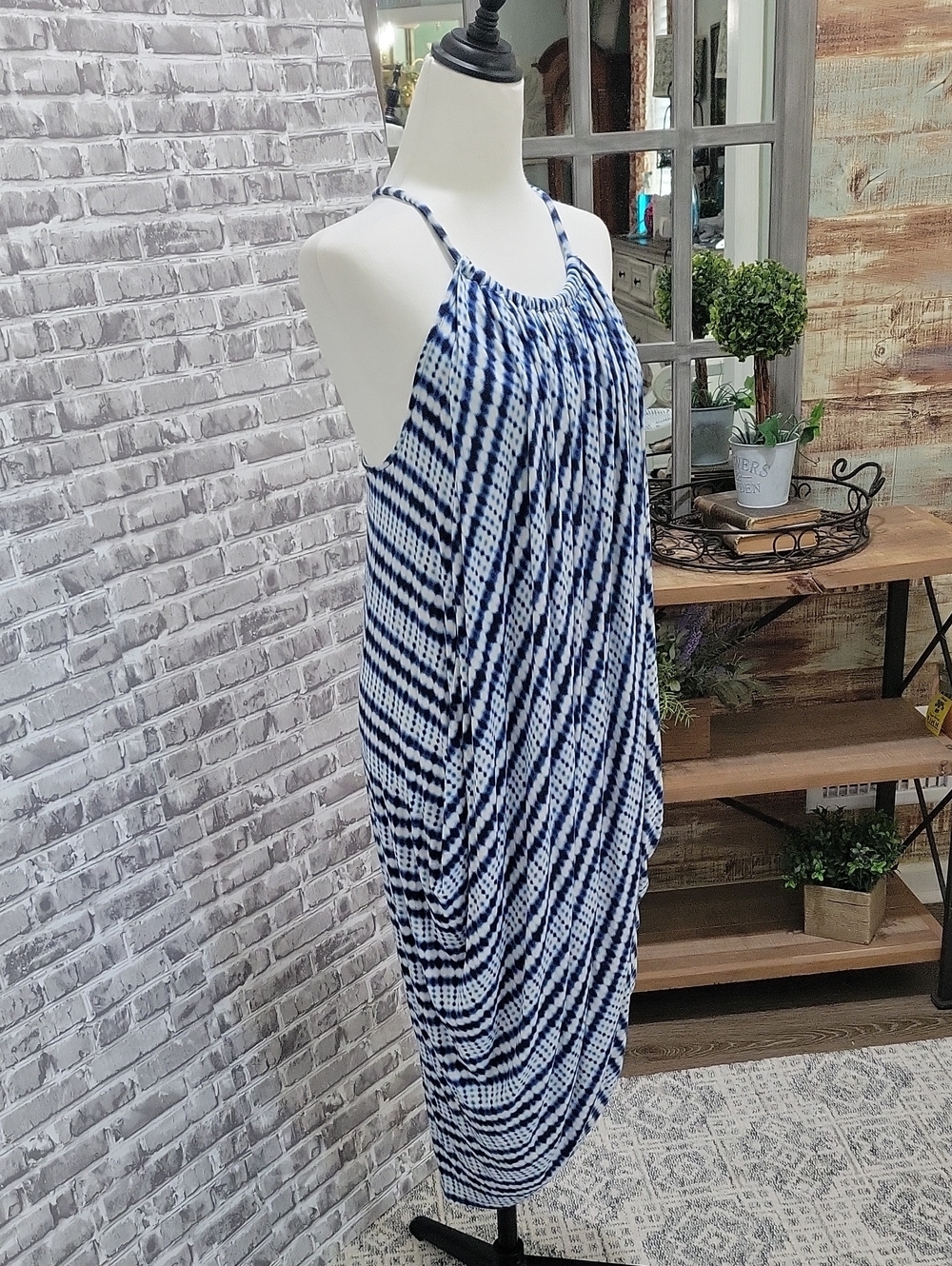 Midnight Navy and White Jersey Stretch Tie-Dye Halter Midi Dress Size M